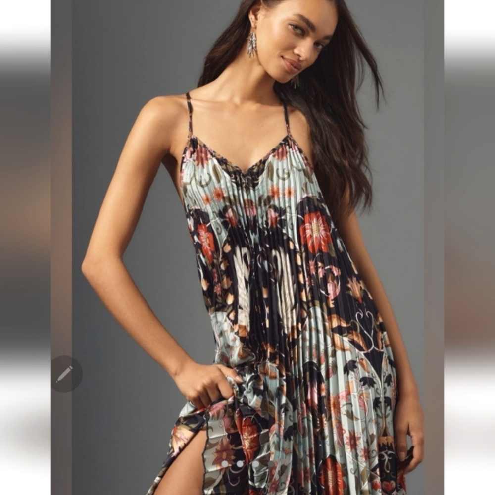 NWT$280 FARM RIO Blue Flowing Beauty Pleated Sleeveless Midi Dress Size Large - Picture 3 of 16